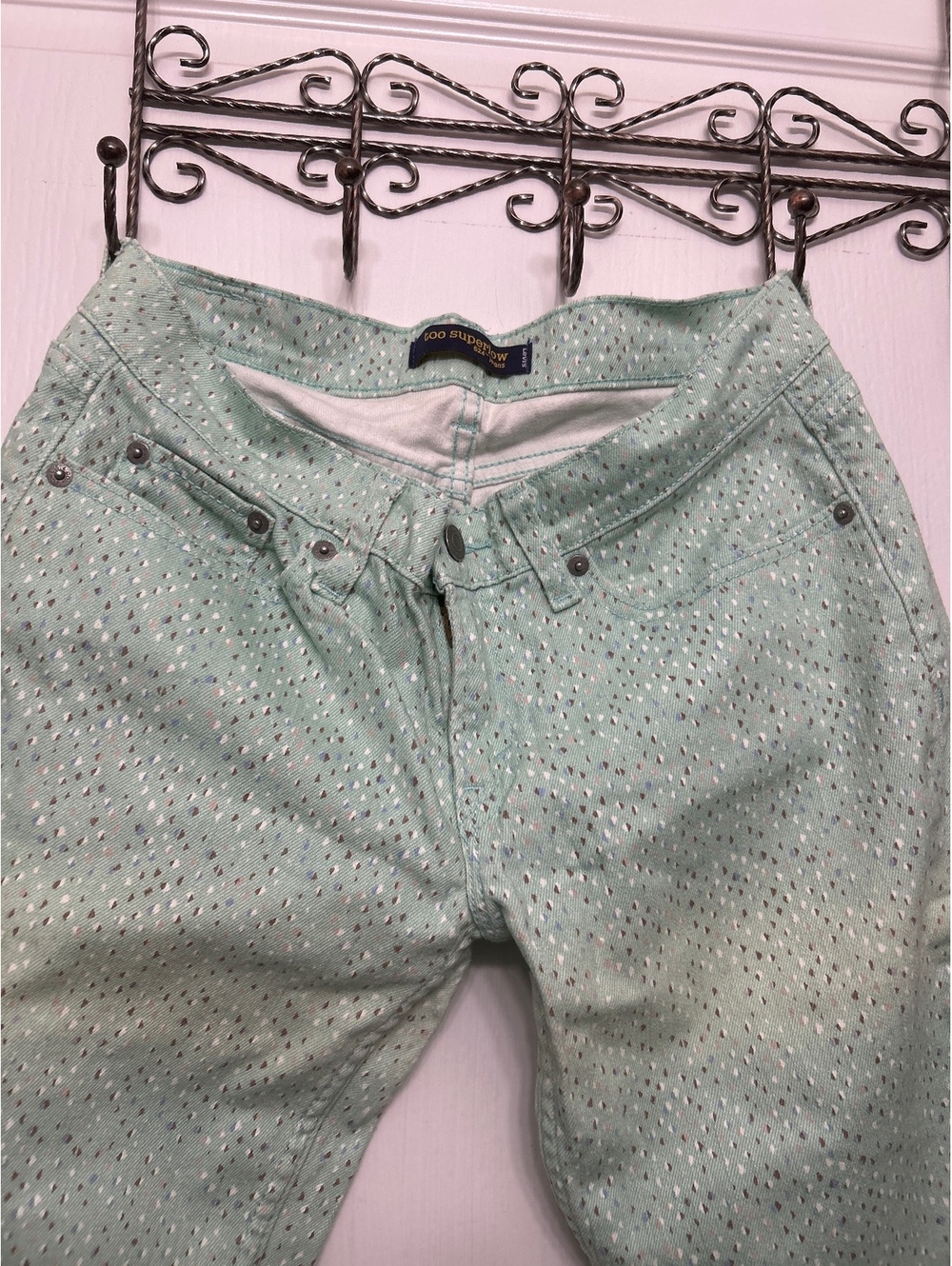 Levi's Too Superlow 524 Jeans in Mint Green with Multicolor Dot Pattern, Size 28